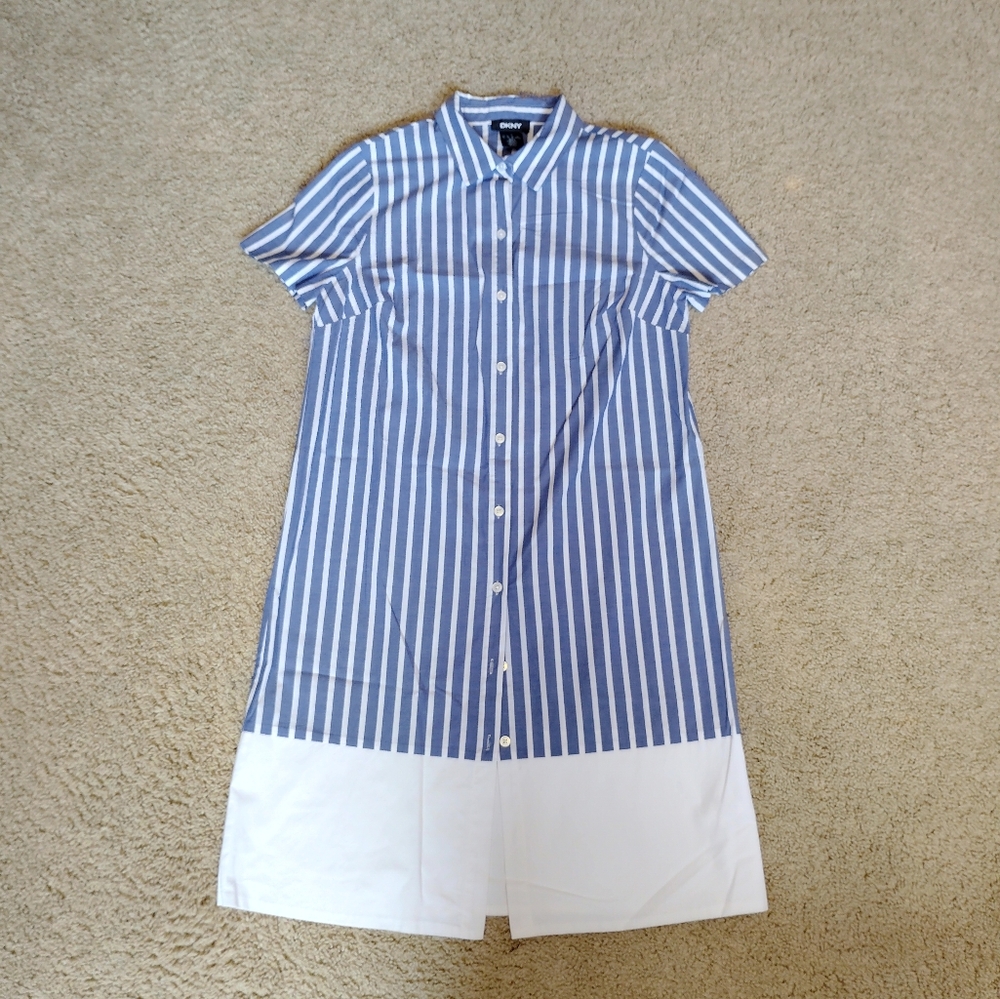 DKNY Blue and White Striped Button-Up Dress